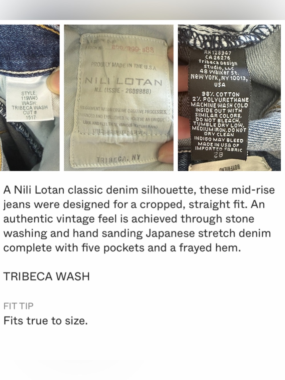 Nili Lotan Boyfriend Jeans Tribeca Wash Cotton Stretch Cropped Straight 29 USA - Picture 16 of 16